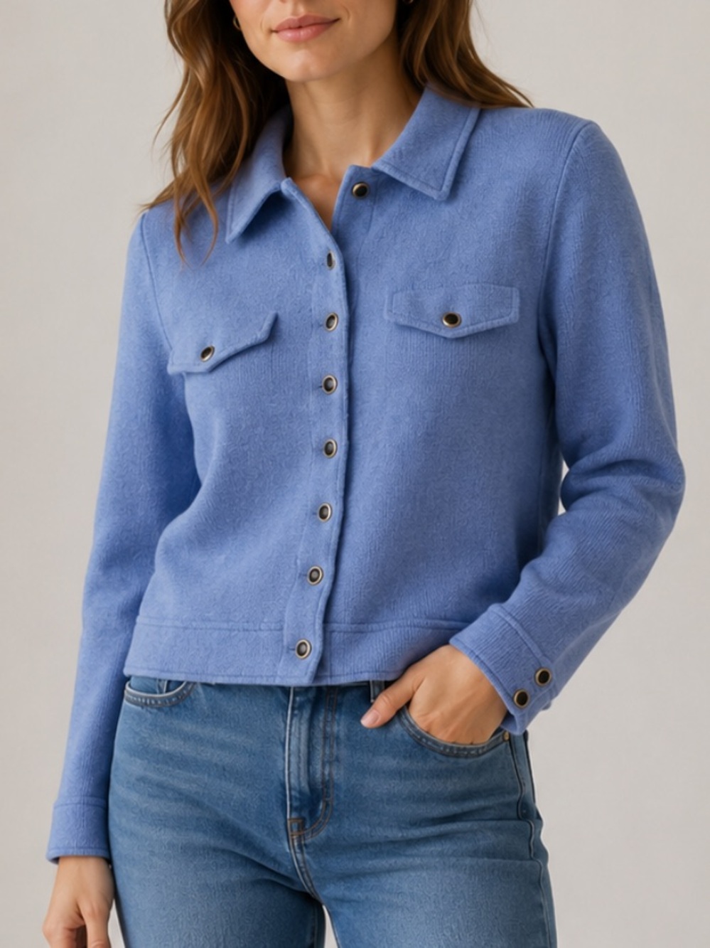 St John Collection Santana Knit Blue Cropped Blazer Jacket Old Money Boxy Small